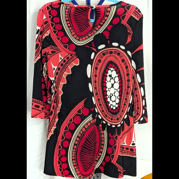 Superb INC Sz L Red-Orange, Black & Taupe Magnified Paisley Print Stretch Blouse - Picture 3 of 4